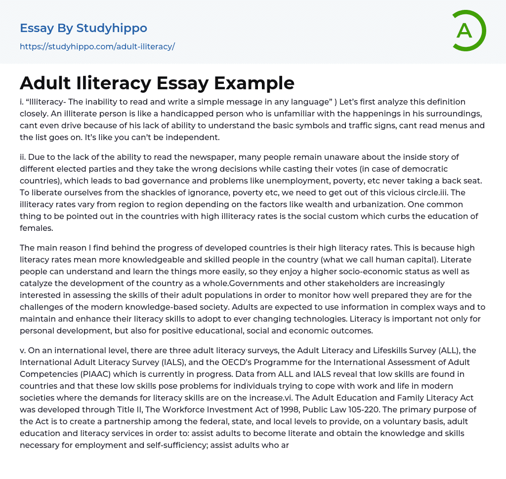 Adult Iliteracy Essay Example