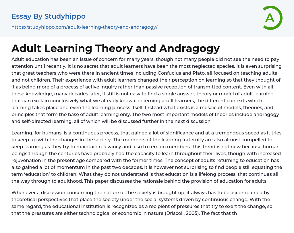 Adult Learning Theory and Andragogy Essay Example