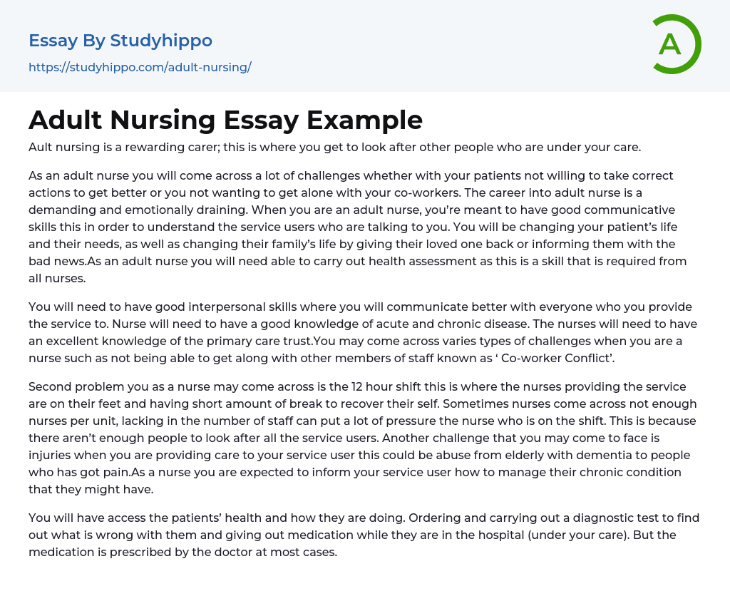 Adult Nursing Essay Example