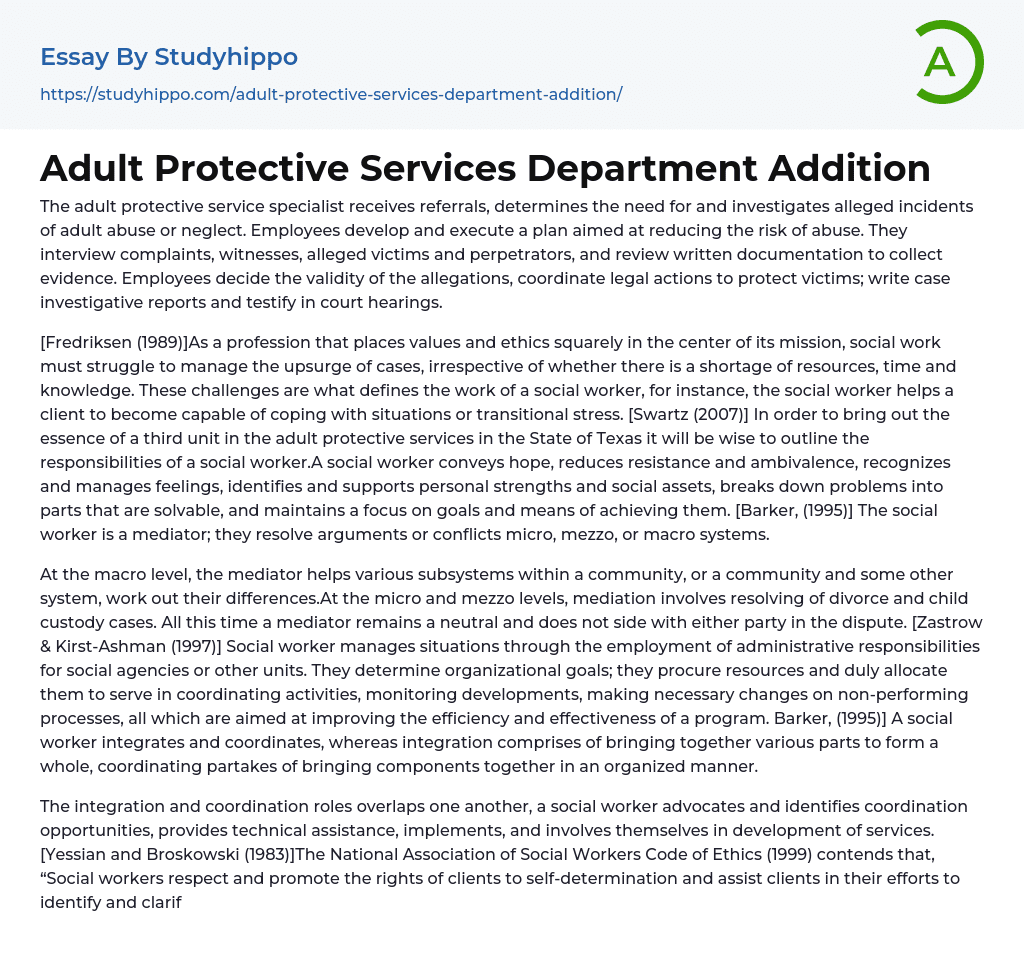 Adult Protective Services Department Addition Essay Example