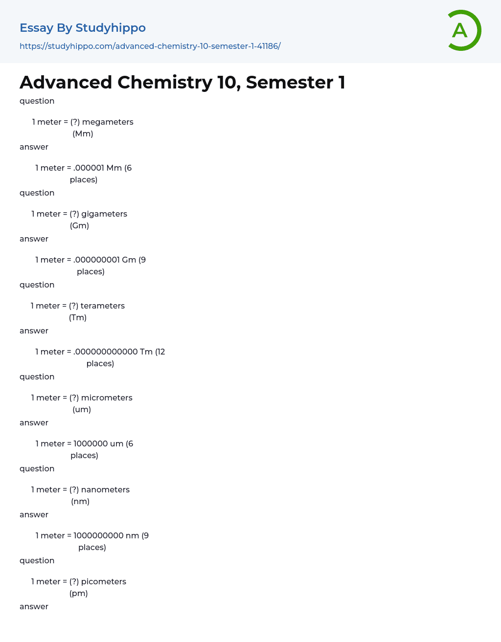 Advanced Chemistry 10, Semester 1 Essay Example
