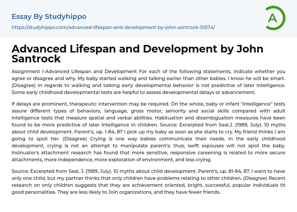 Advanced Lifespan and Development by John Santrock Essay Example