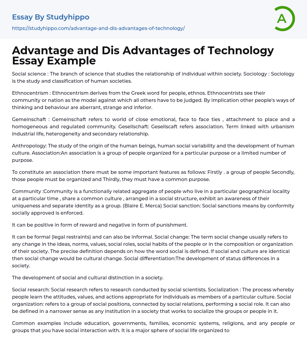 Advantage and Dis Advantages of Technology Essay Example