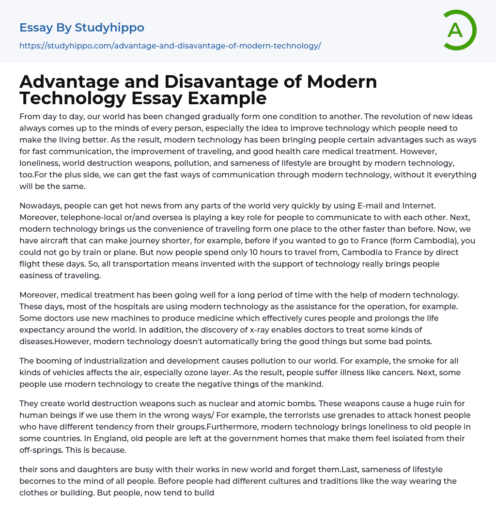 Advantage and Disavantage of Modern Technology Essay Example