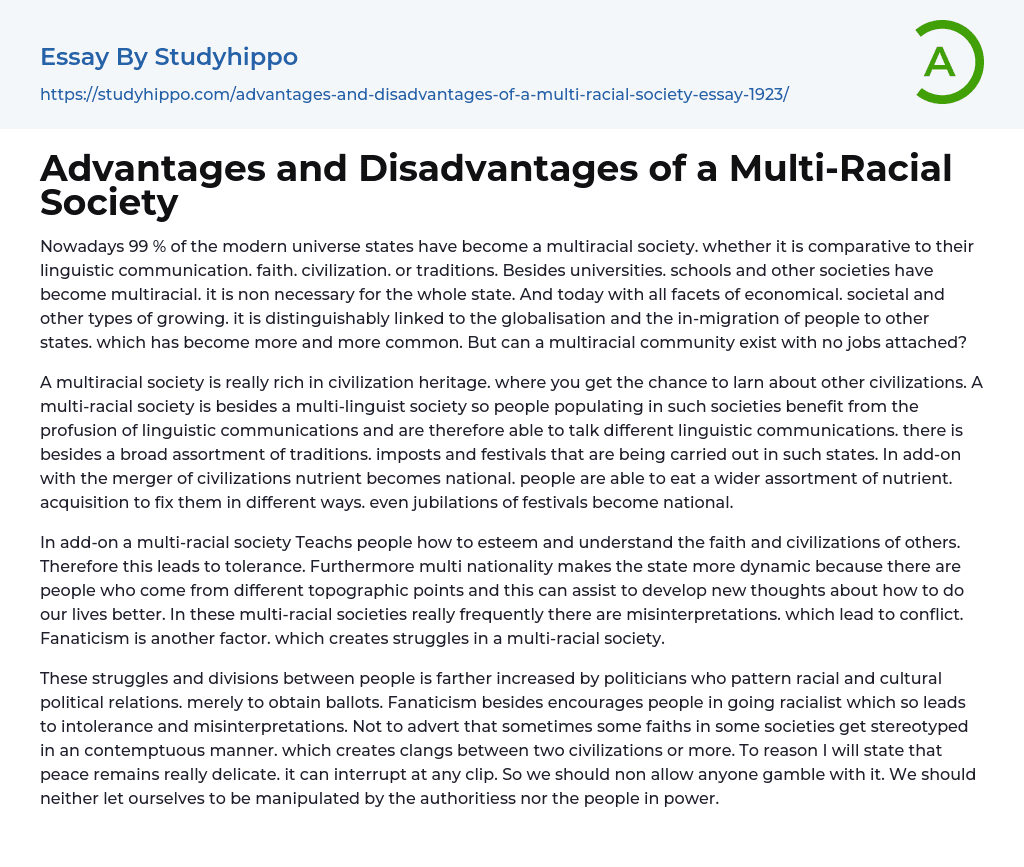 Advantages and Disadvantages of a Multi-Racial Society Essay Example