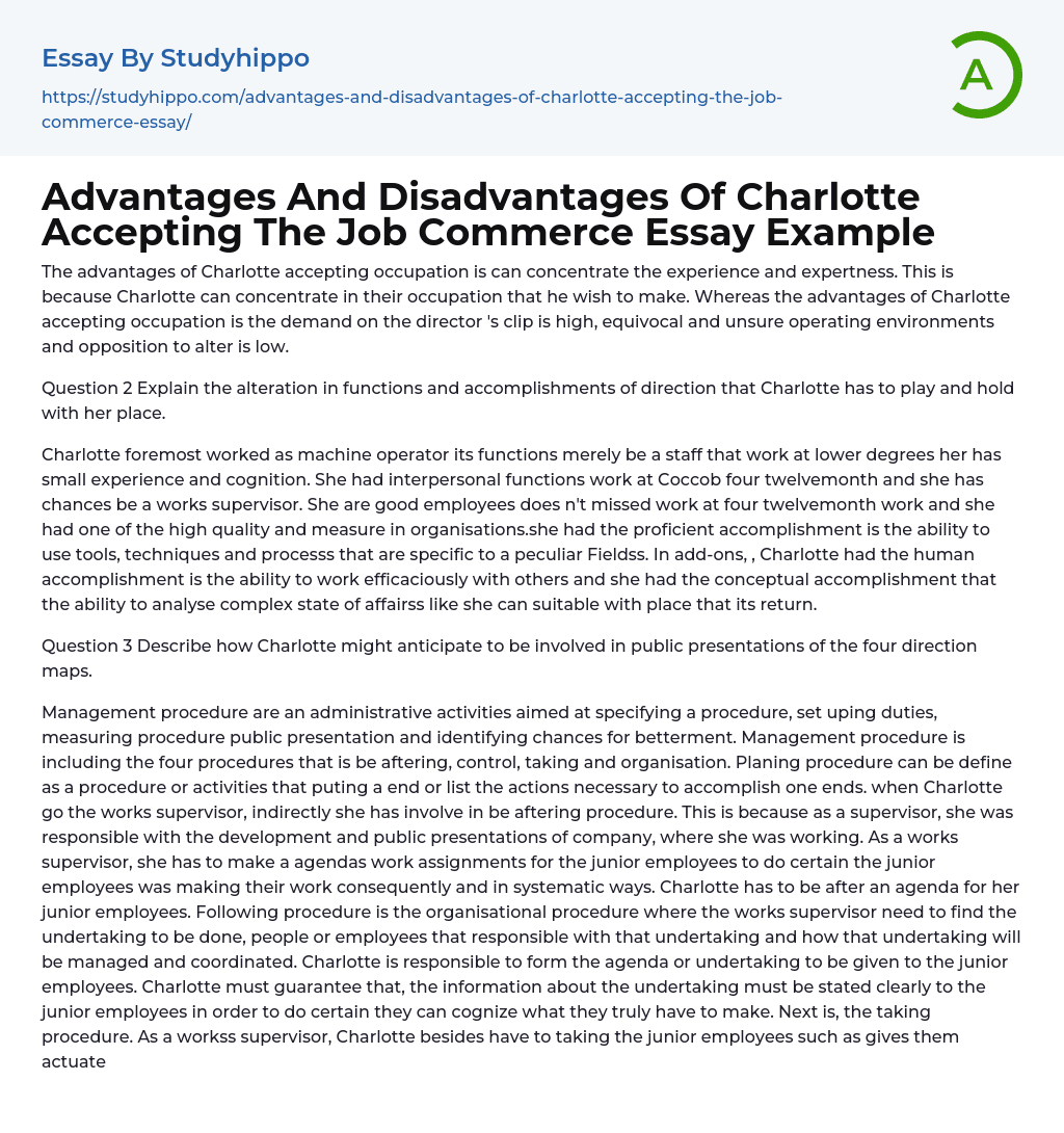 Advantages And Disadvantages Of Charlotte Accepting The Job Commerce Essay Example