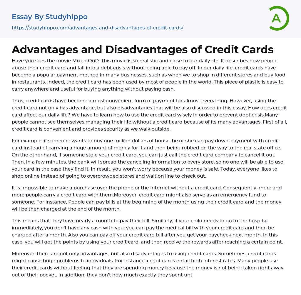 Advantages and Disadvantages of Credit Cards Essay Example