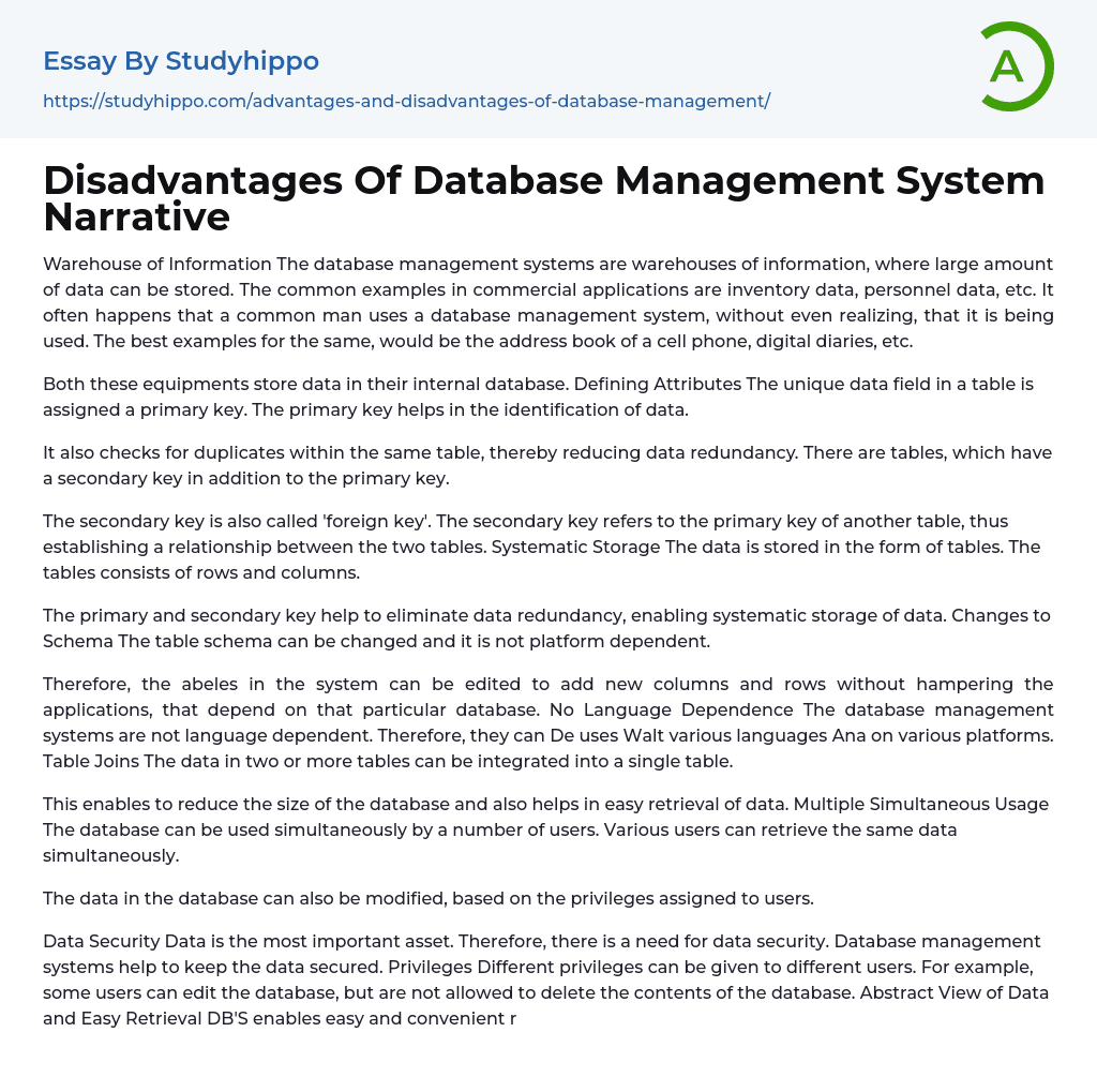 Disadvantages Of Database Management System Narrative Essay Example