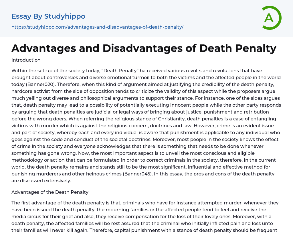 Advantages and Disadvantages of Death Penalty Essay Example