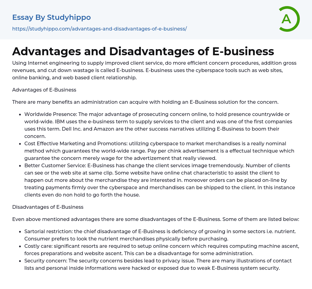 Advantages and Disadvantages of E-business Essay Example