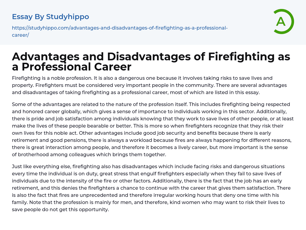Advantages and Disadvantages of Firefighting as a Professional Career Essay Example