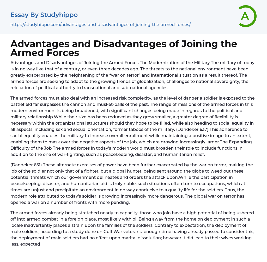 Advantages and Disadvantages of Joining the Armed Forces Essay Example