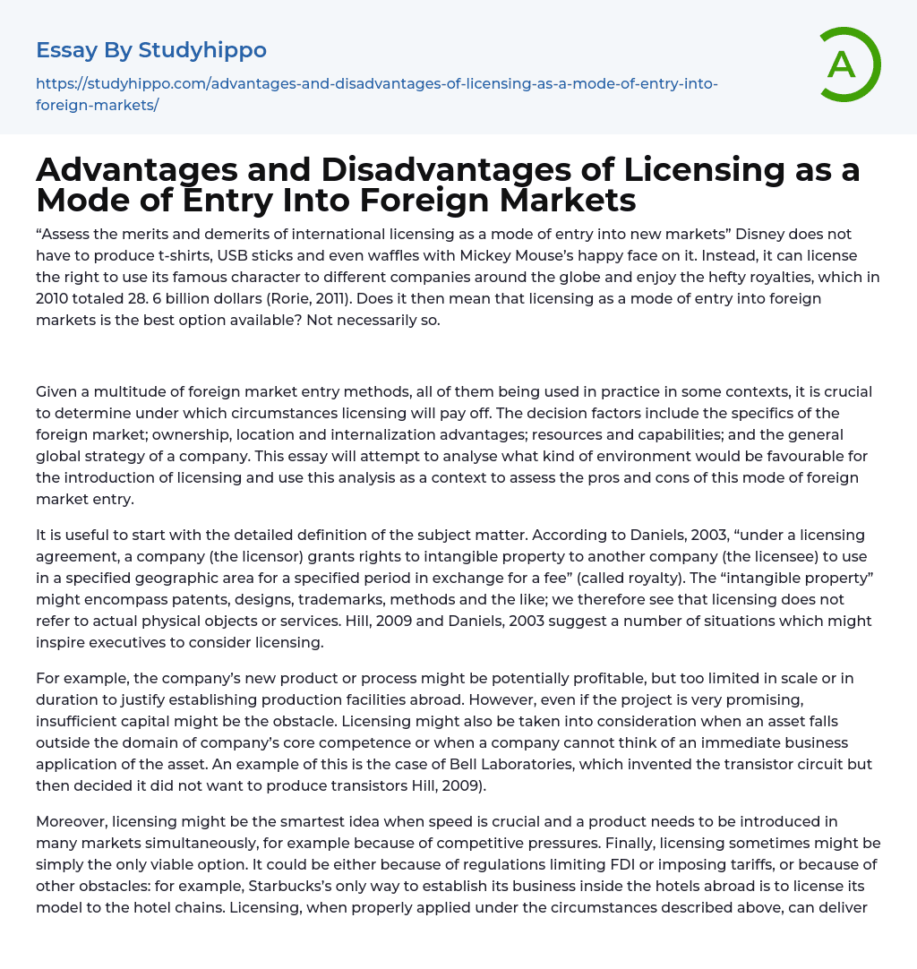 Advantages and Disadvantages of Licensing as a Mode of Entry Into Foreign Markets Essay Example