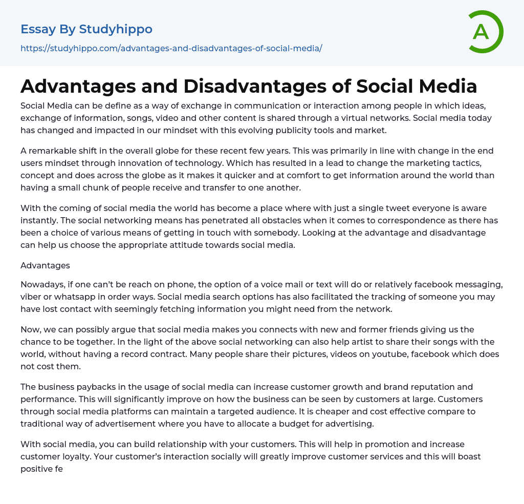 Advantages And Disadvantages Of Social Media Essay Example StudyHippo