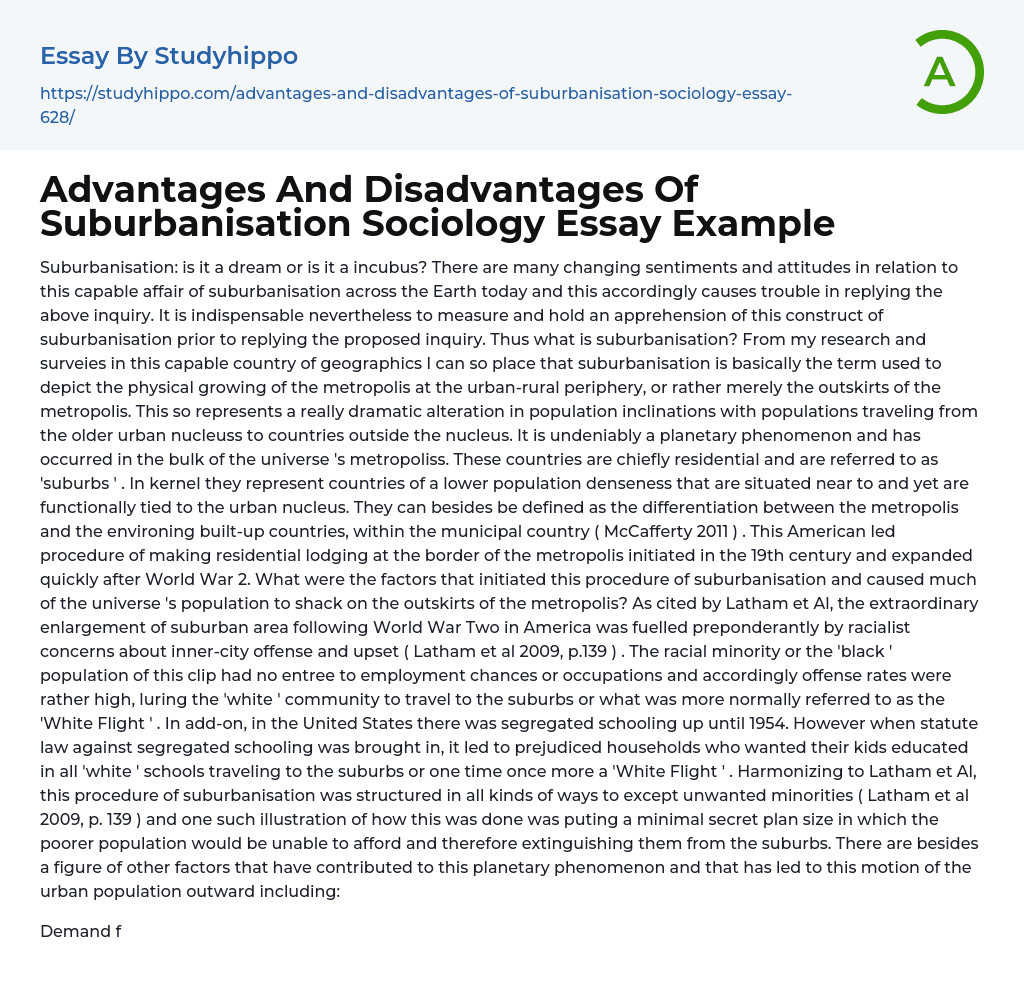 Advantages And Disadvantages Of Suburbanisation Sociology Essay Example