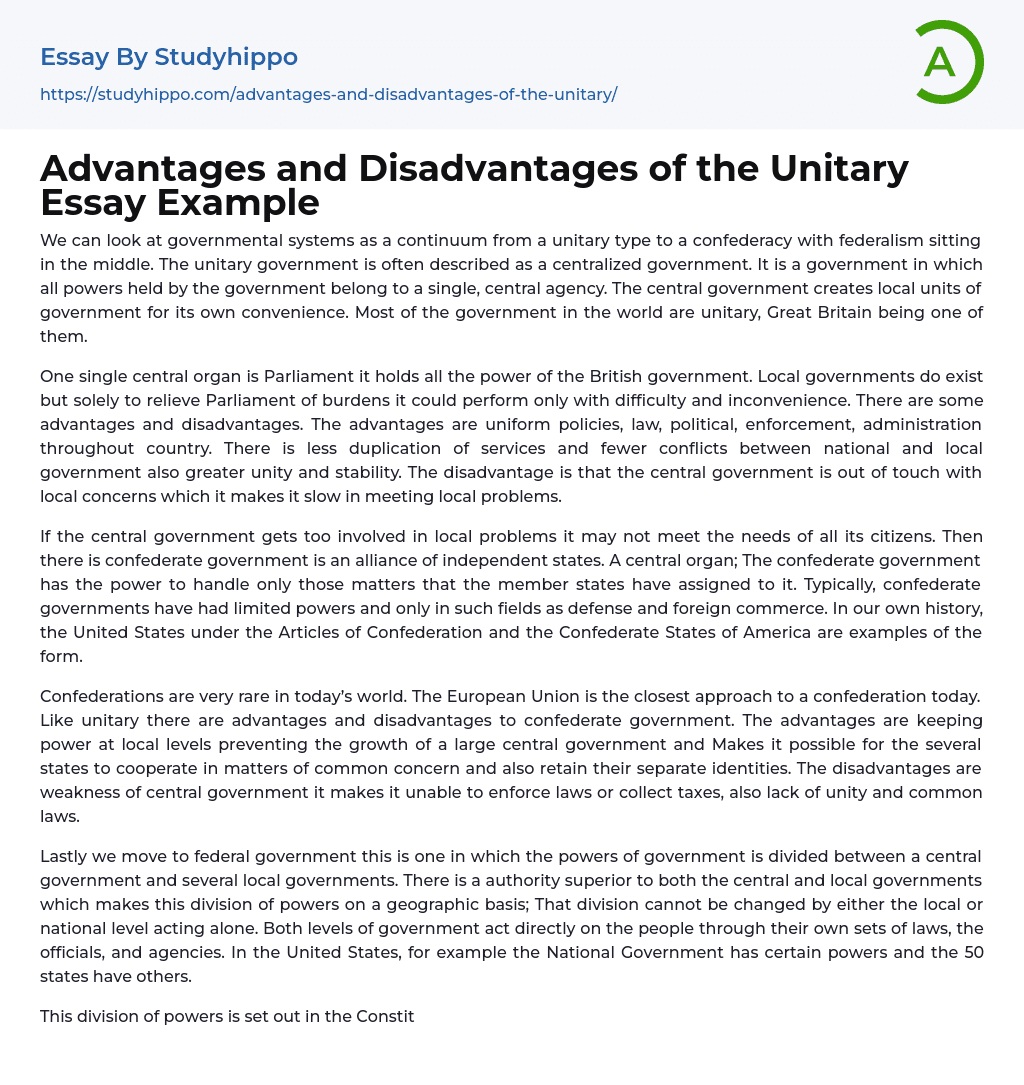 Advantages and Disadvantages of the Unitary Essay Example