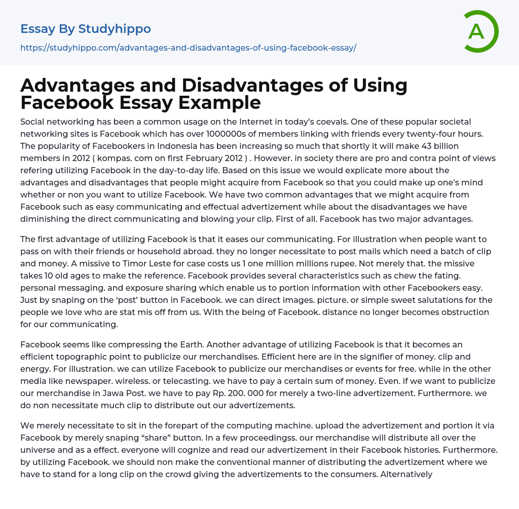 Advantages and Disadvantages of Using Facebook Essay Example