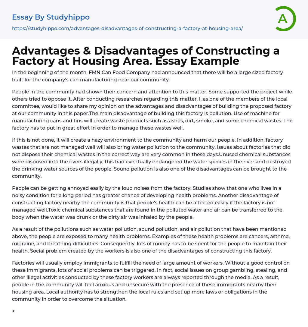Advantages & Disadvantages of Constructing a Factory at Housing Area. Essay Example