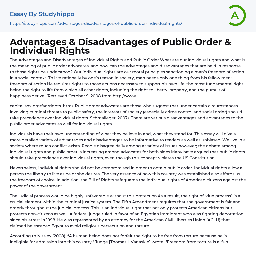 Advantages & Disadvantages of Public Order & Individual Rights Essay Example