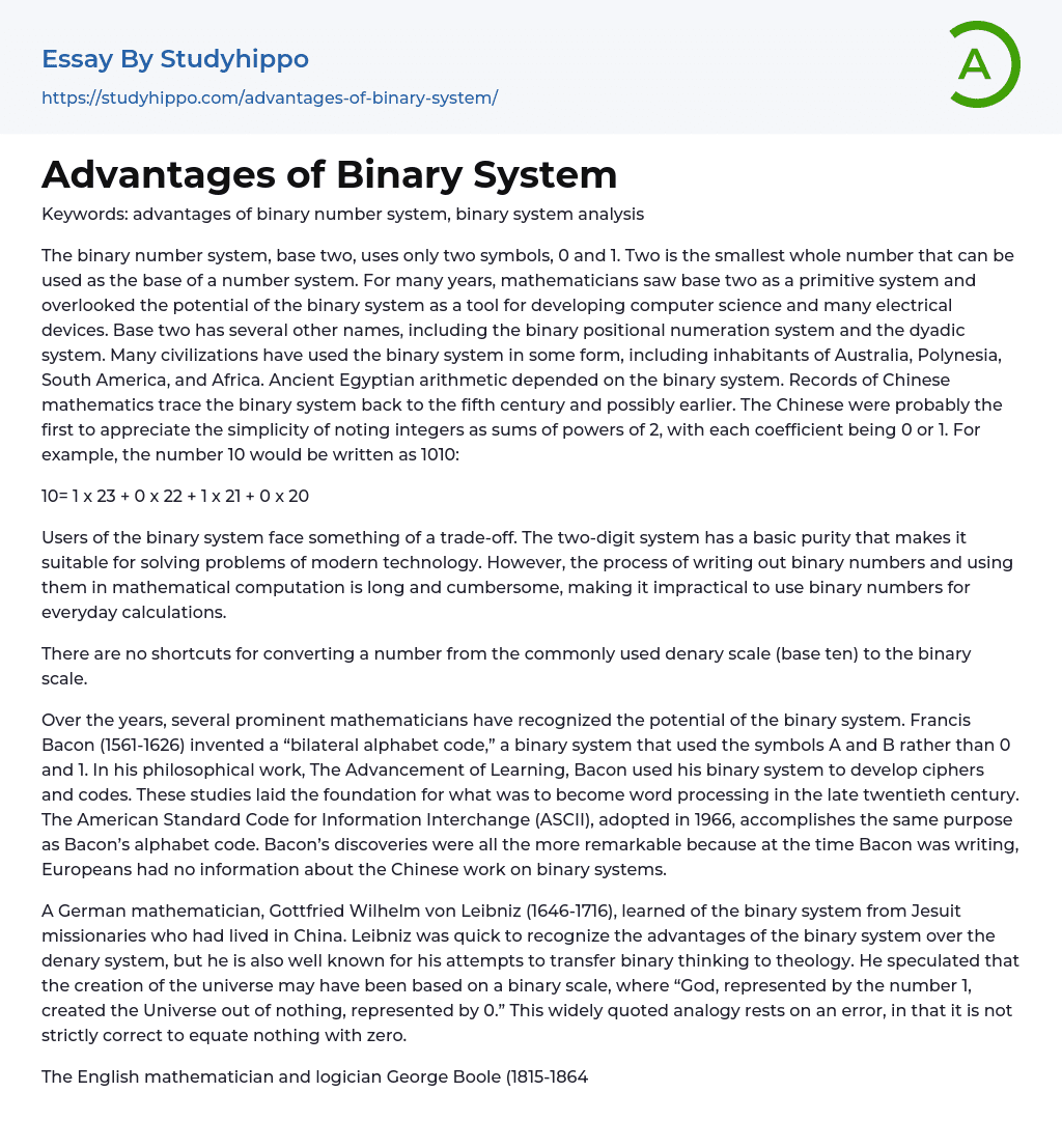 Advantages of Binary System Essay Example