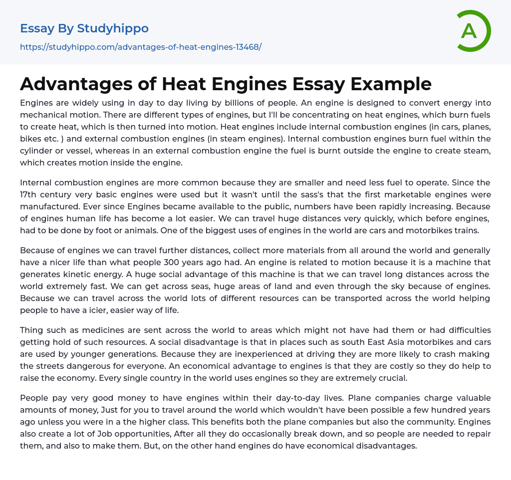 Advantages of Heat Engines Essay Example