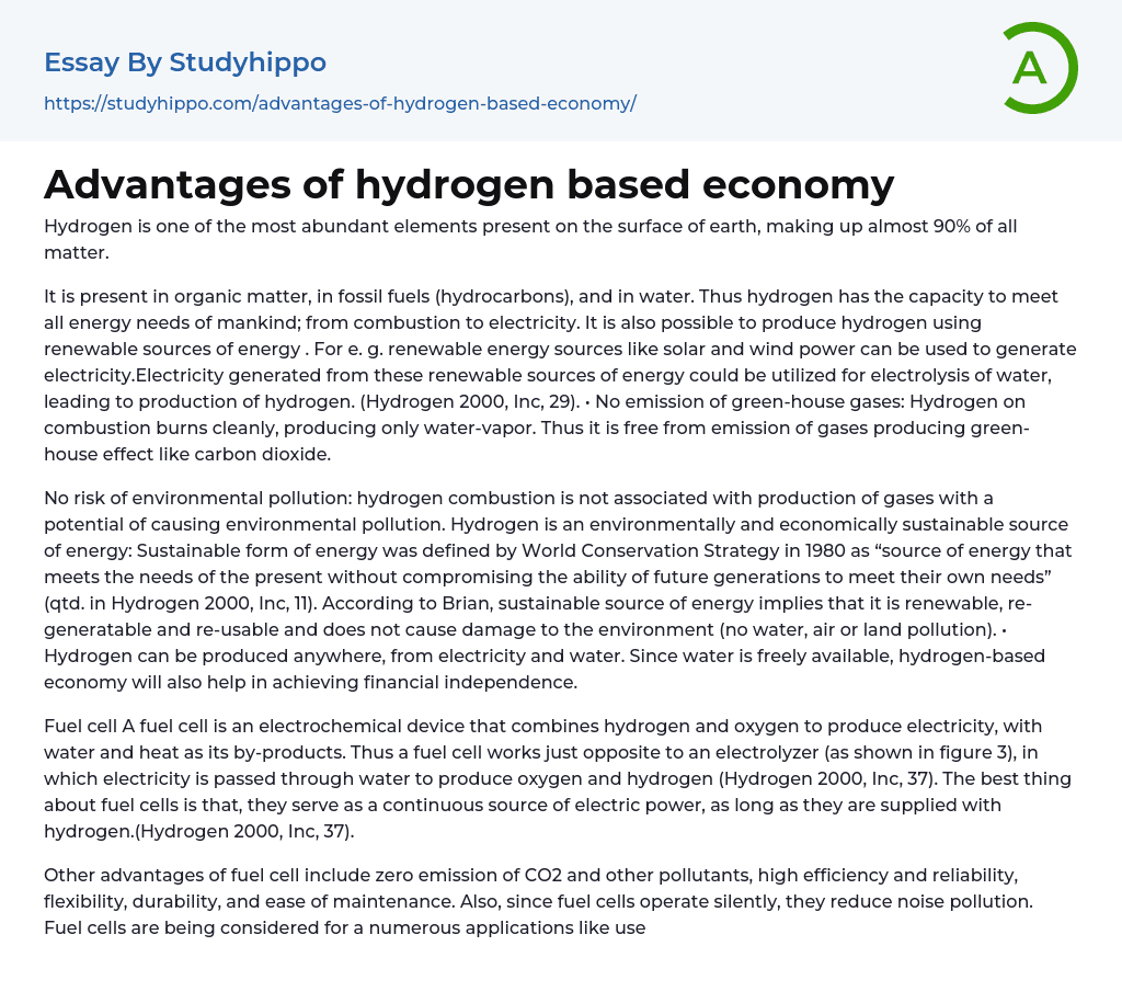 Advantages of hydrogen based economy Essay Example
