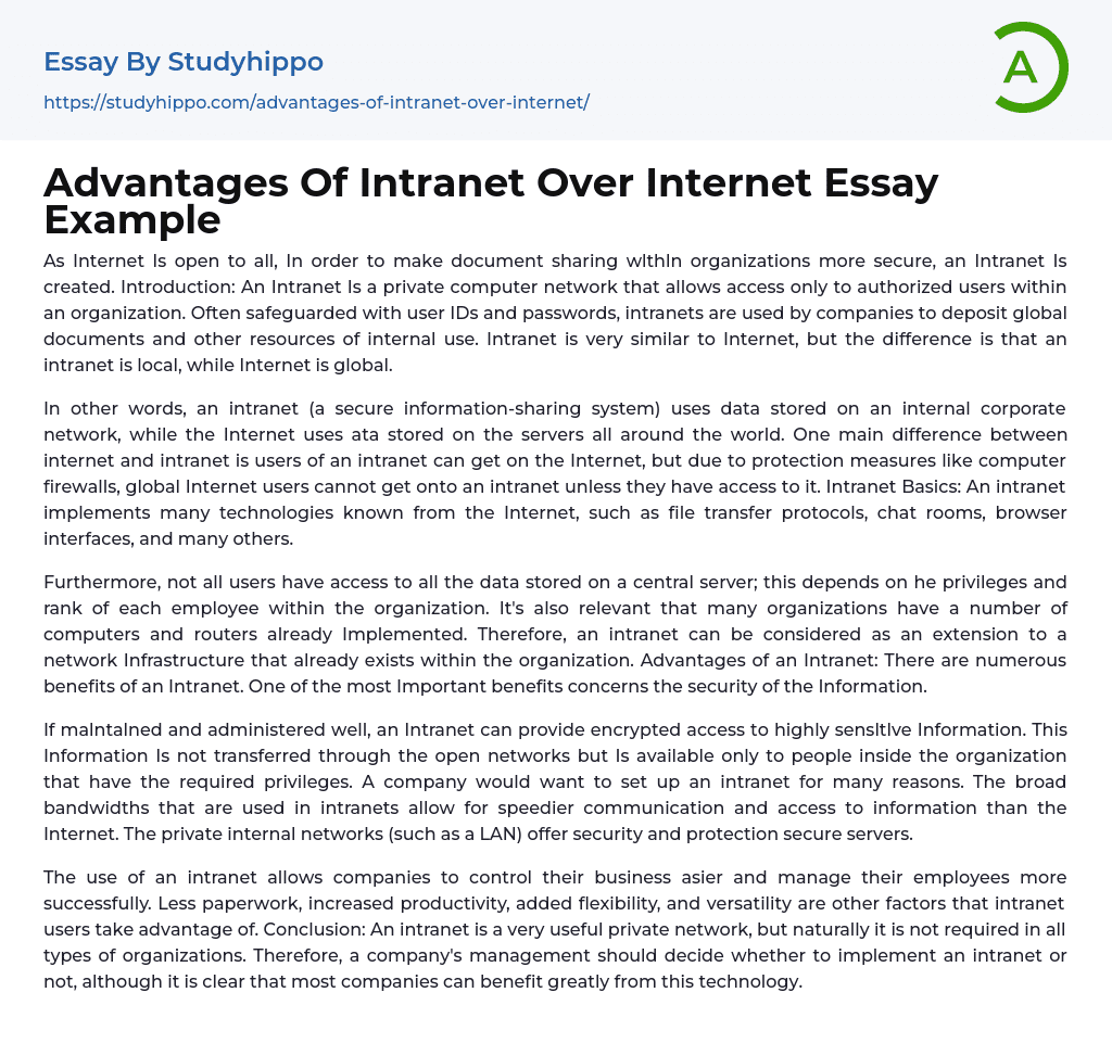 Advantages Of Intranet Over Internet Essay Example