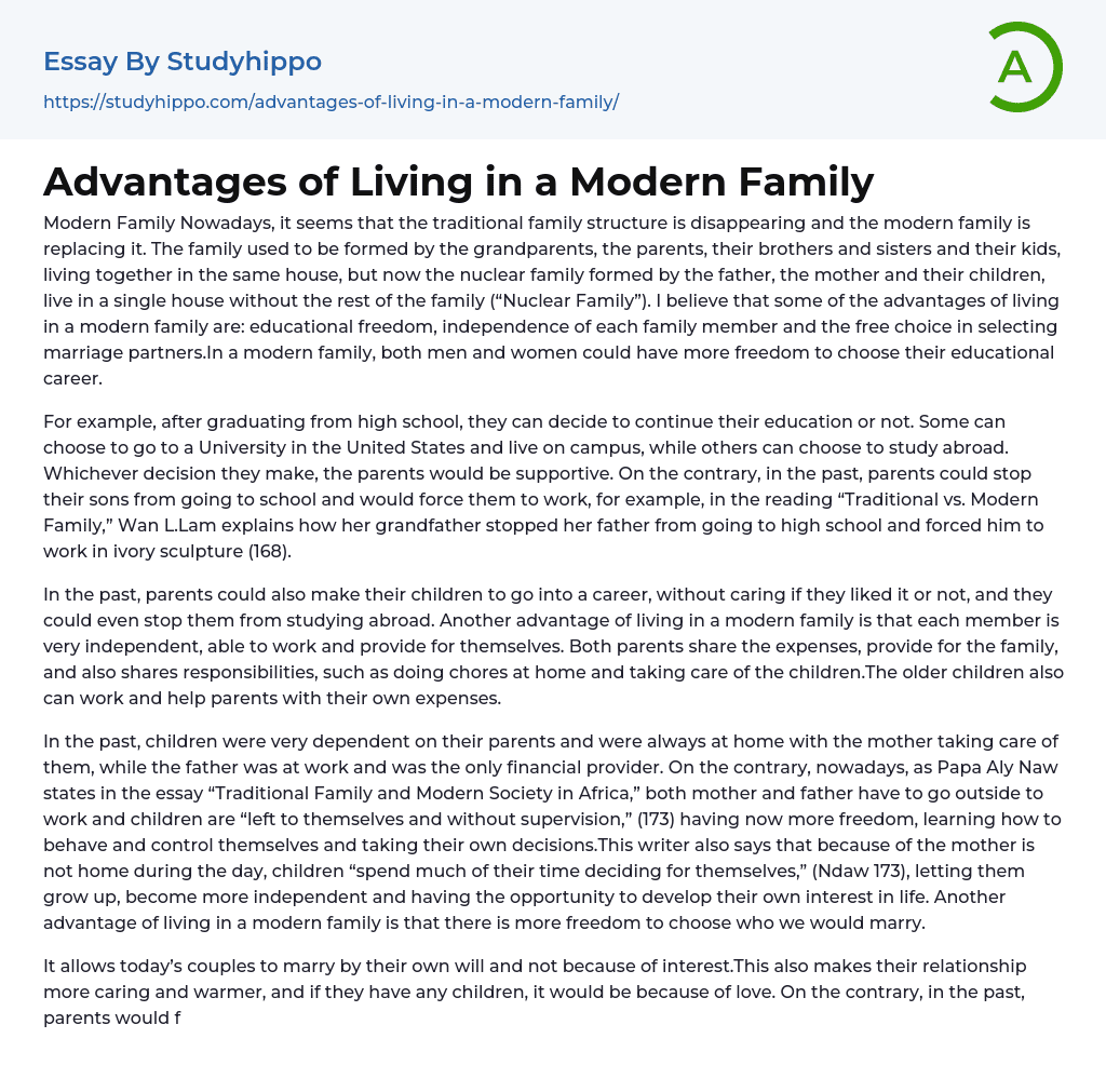Advantages of Living in a Modern Family Essay Example