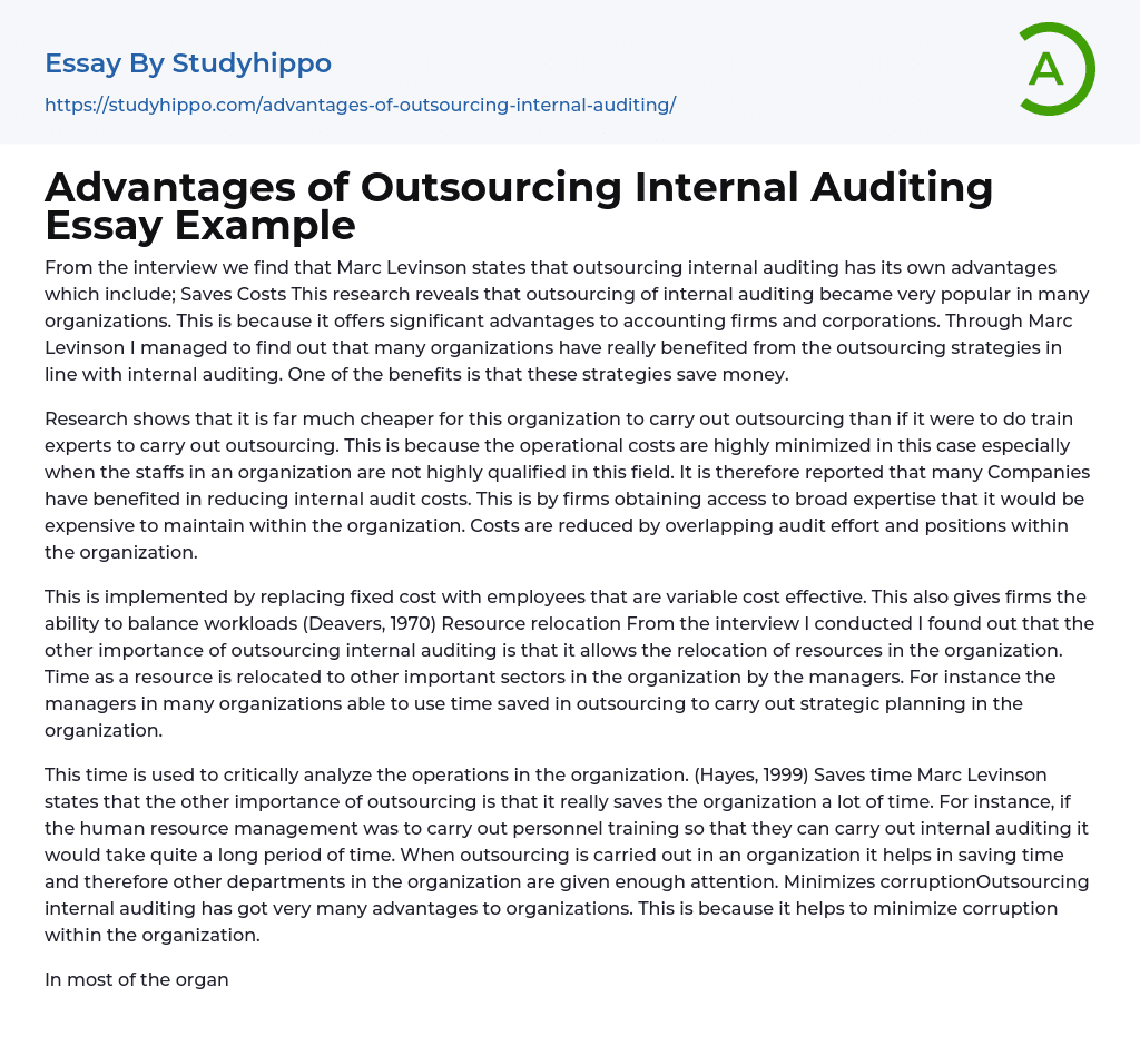 Advantages of Outsourcing Internal Auditing Essay Example