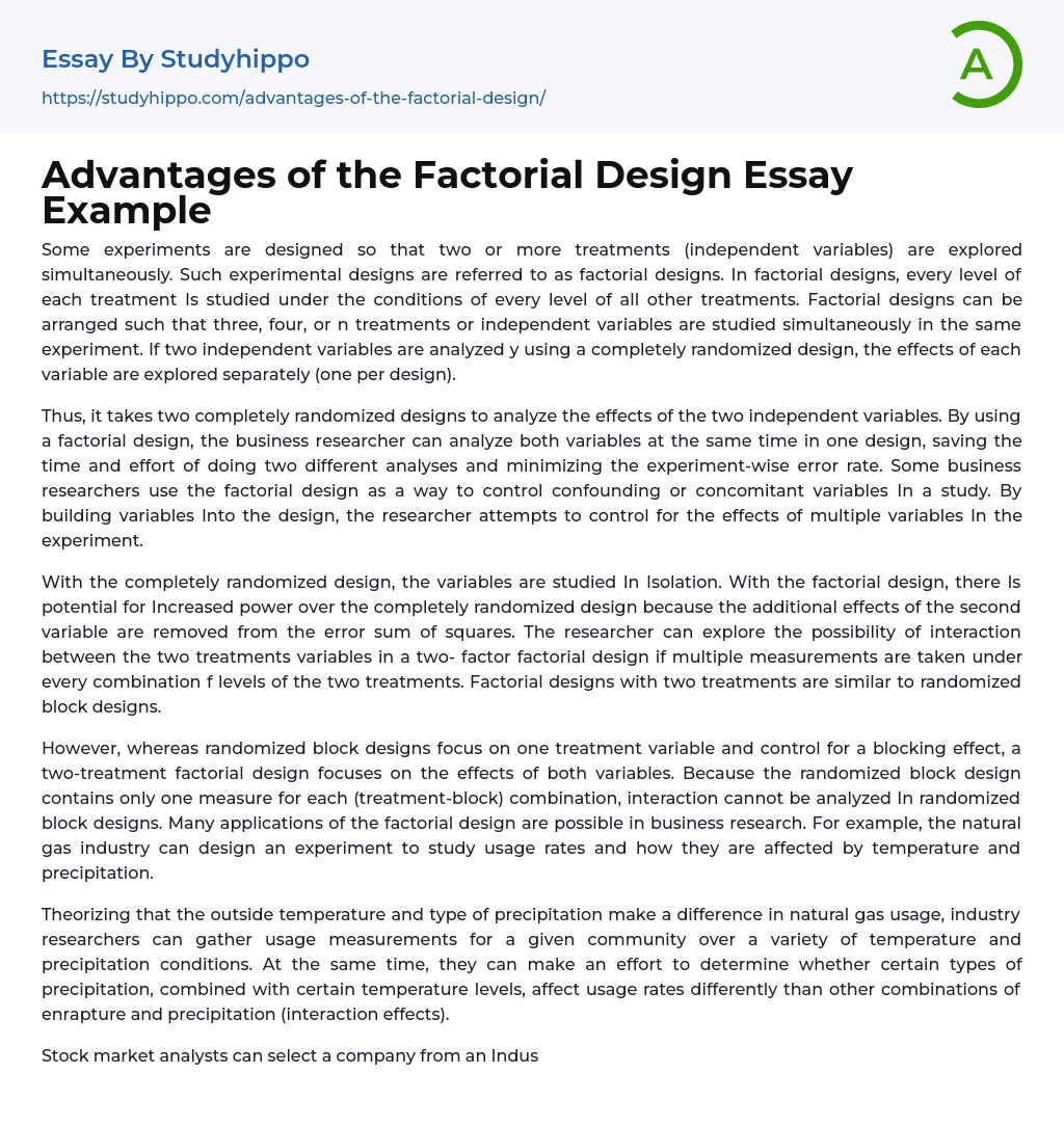 Advantages of the Factorial Design Essay Example