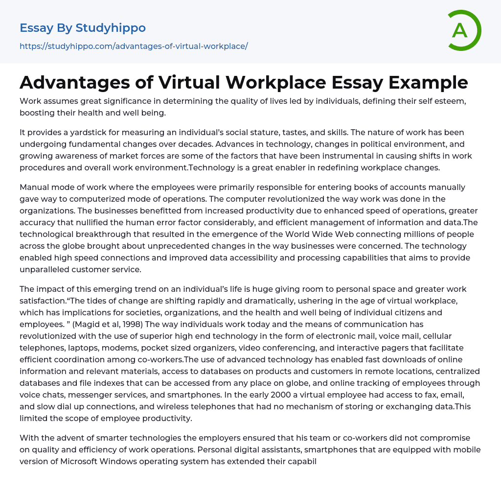 Advantages of Virtual Workplace Essay Example