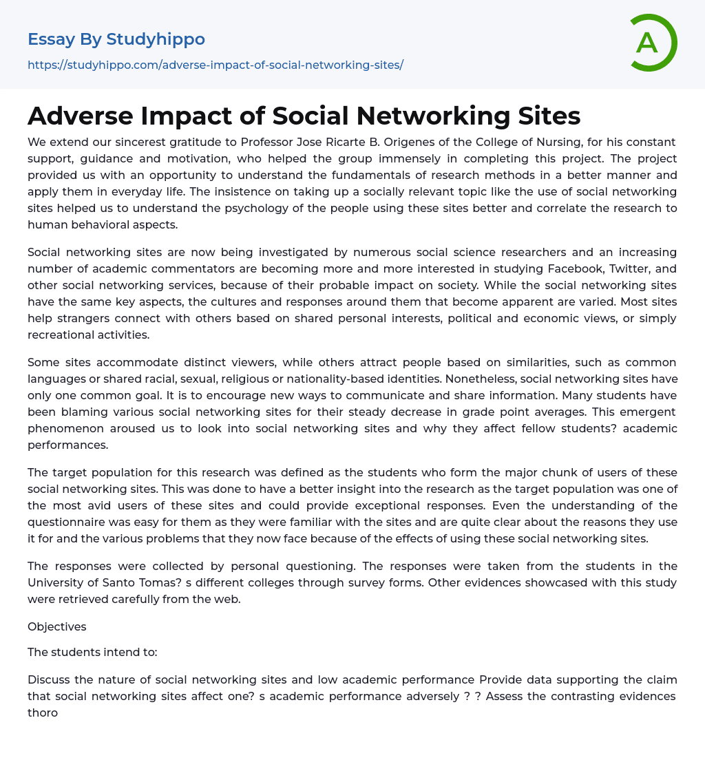 Adverse Impact of Social Networking Sites Essay Example