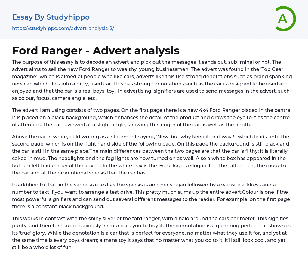 Ford Ranger – Advert analysis Essay Example