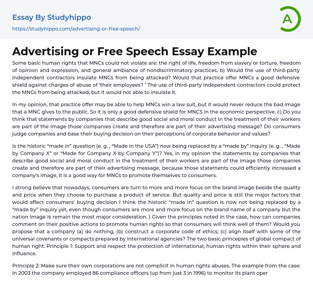 Advertising or Free Speech Essay Example