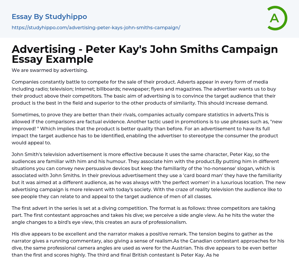 Advertising – Peter Kay’s John Smiths Campaign Essay Example