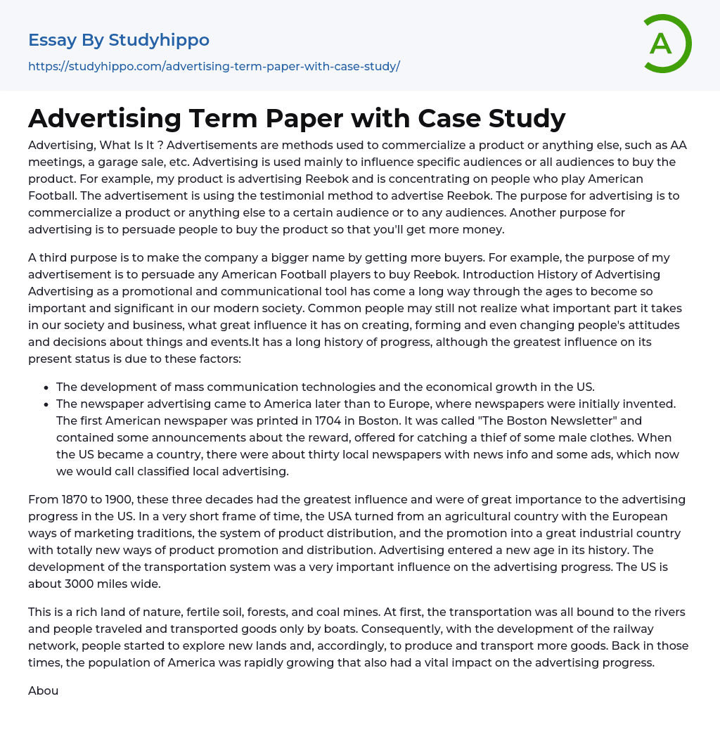 Advertising Term Paper with Case Study Essay Example
