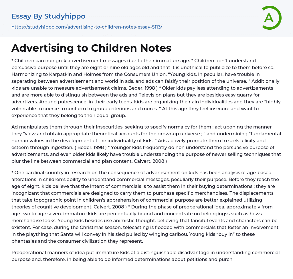 Advertising to Children Notes Essay Example