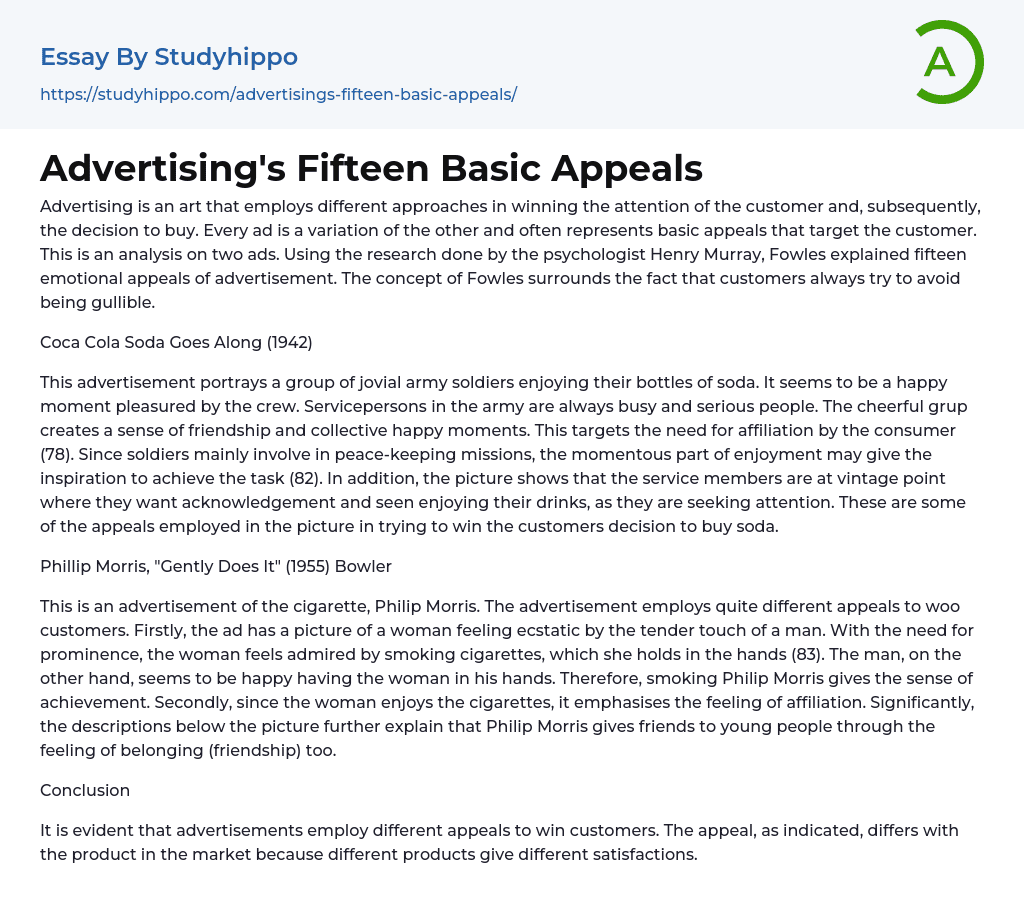 Advertising’s Fifteen Basic Appeals Essay Example
