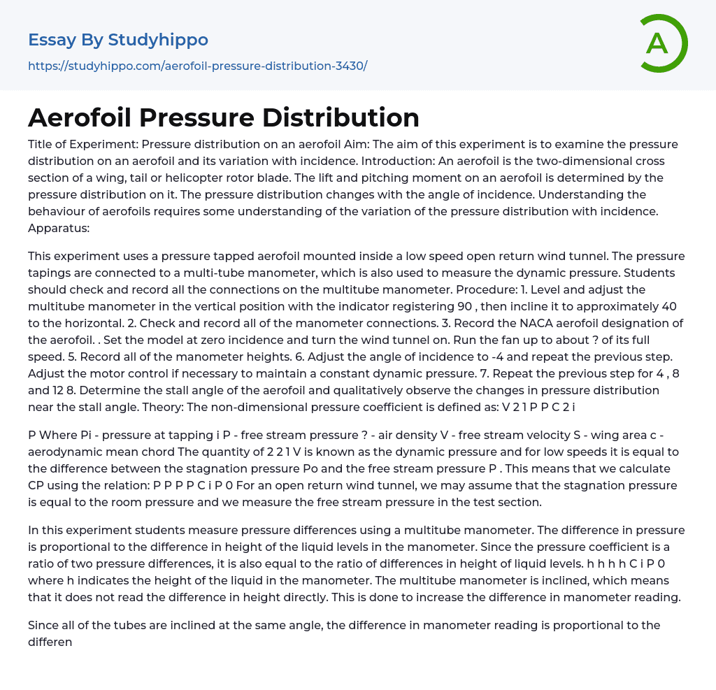 Aerofoil Pressure Distribution Essay Example