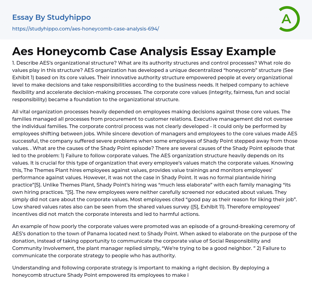 Aes Honeycomb Case Analysis Essay Example