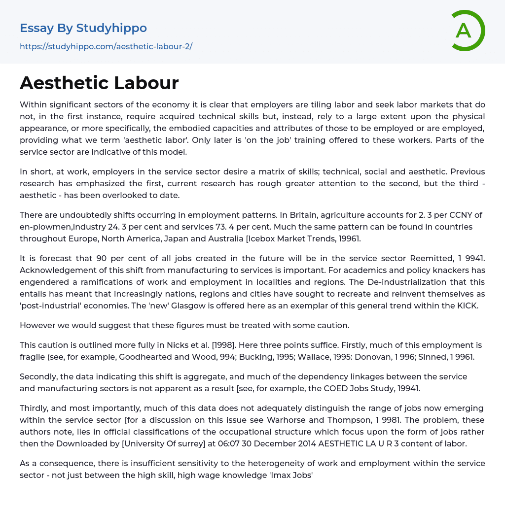 Aesthetic Labour Essay Example