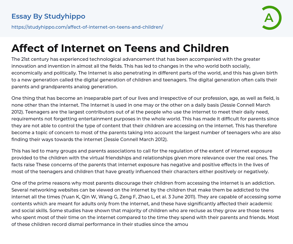 Affect of Internet on Teens and Children Essay Example
