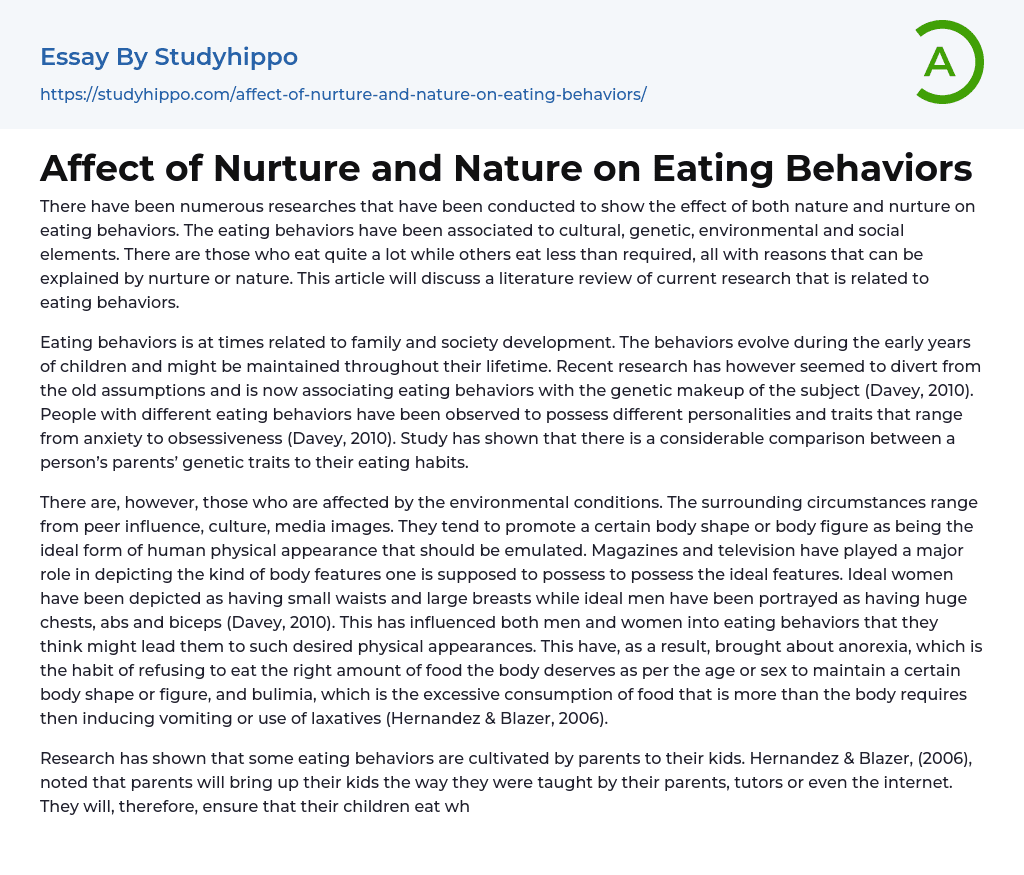 Affect of Nurture and Nature on Eating Behaviors Essay Example
