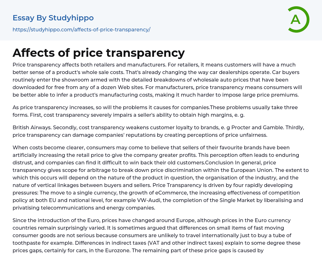 Affects of price transparency Essay Example
