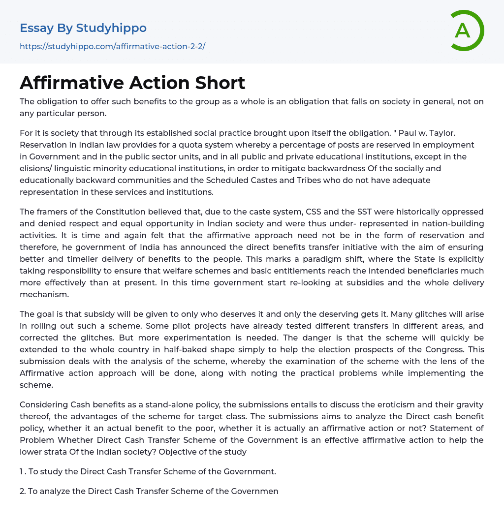 Affirmative Action Short Essay Example