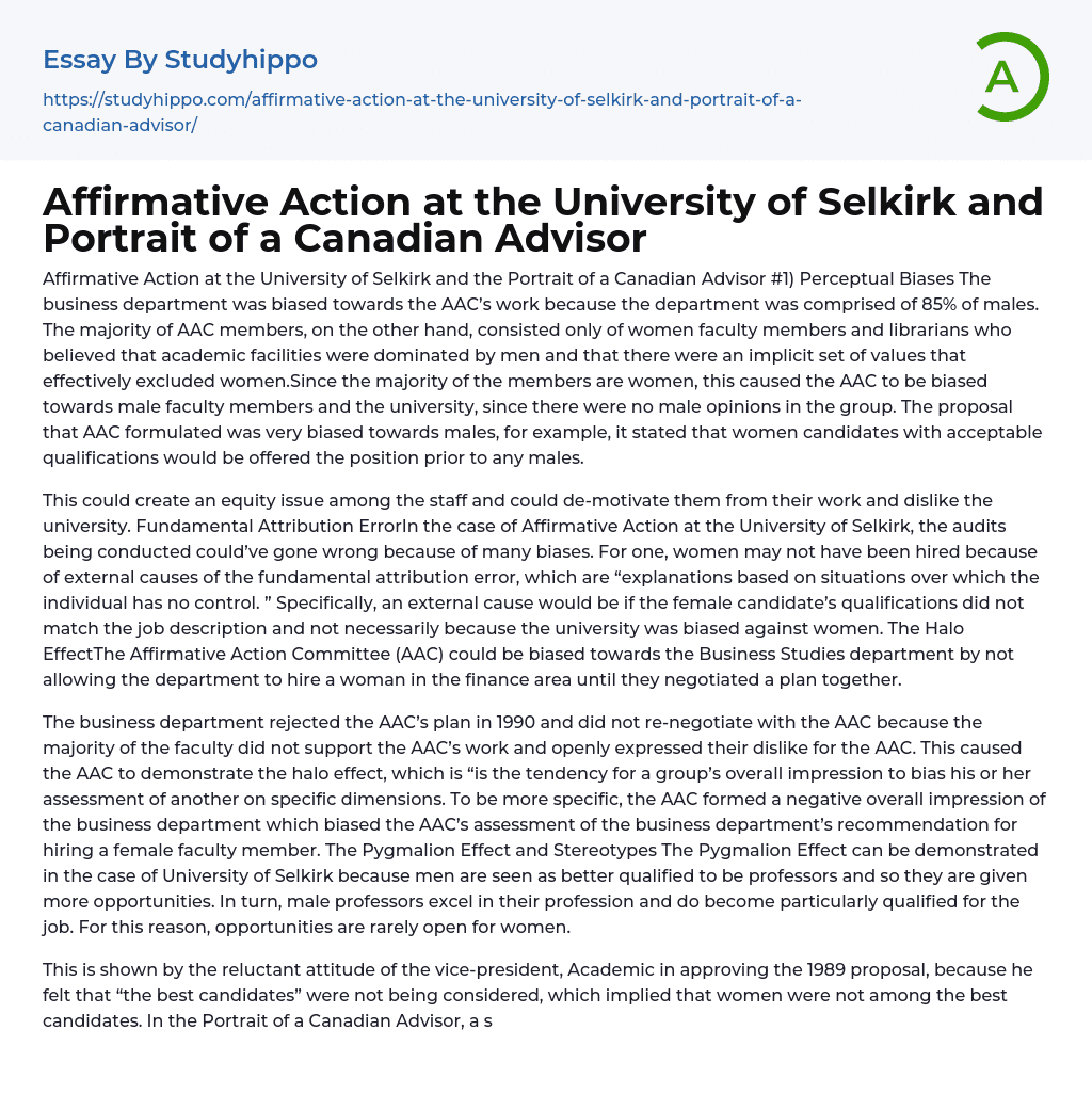 Affirmative Action at the University of Selkirk and Portrait of a Canadian Advisor Essay Example