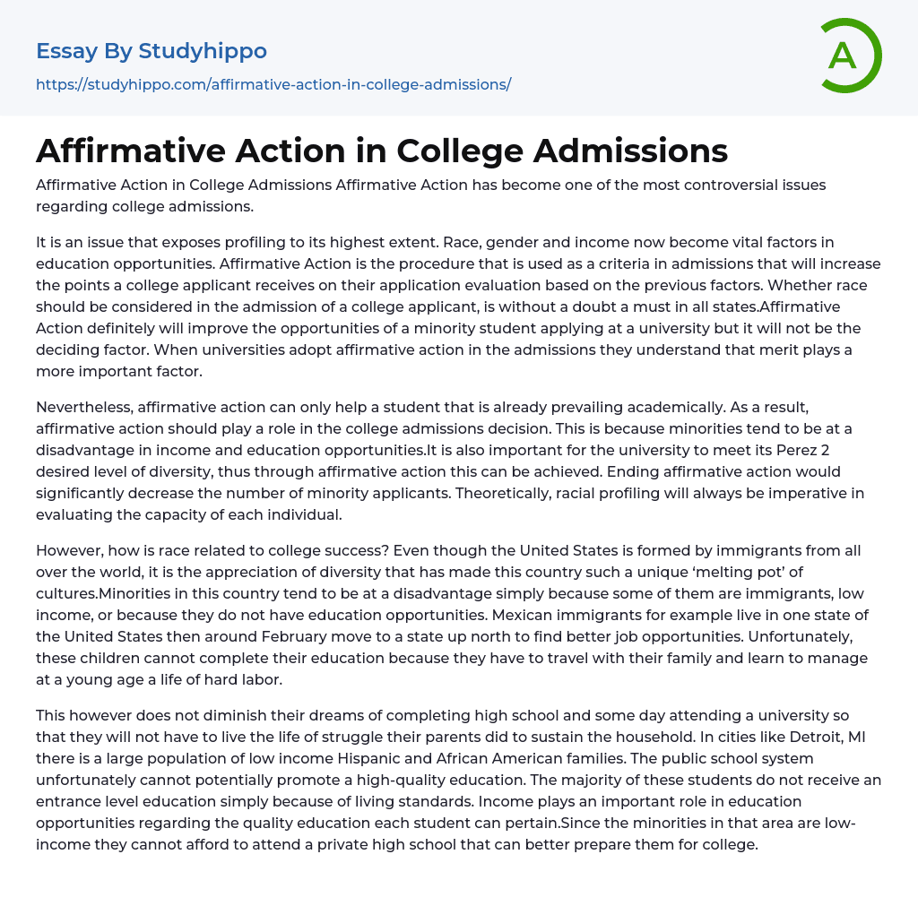 Affirmative Action in College Admissions Essay Example