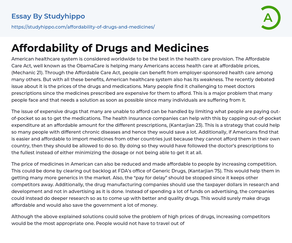 Affordability of Drugs and Medicines Essay Example