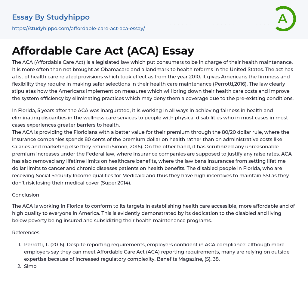 Affordable Care Act (ACA) Essay