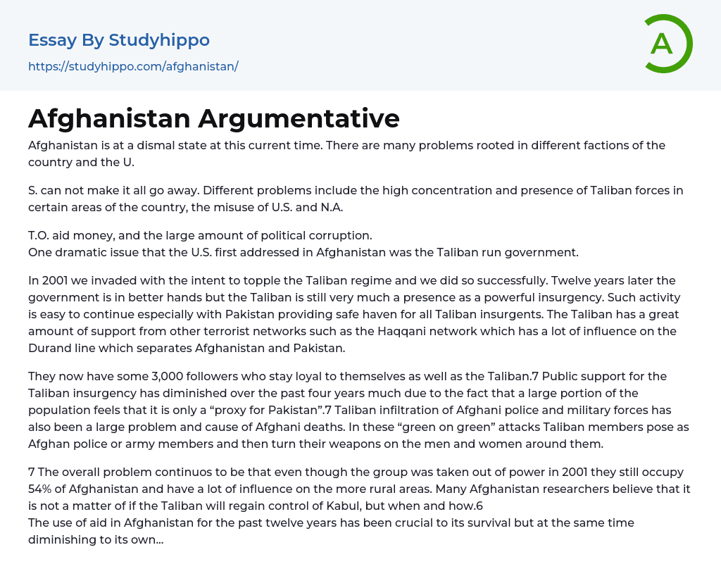 Afghanistan Argumentative Essay Example